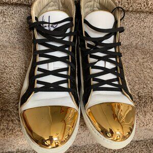Louis Leeman Men's Leather White/Black with Gold Metal Front Trim Sneakers.